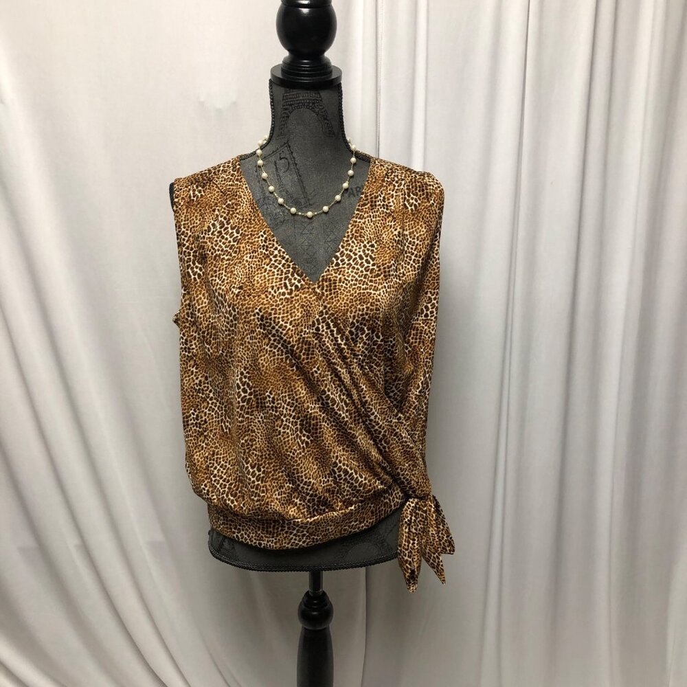 Worthington Leopard Print Wrap Blouse Womens Size Large Sleeveless Stretch Top